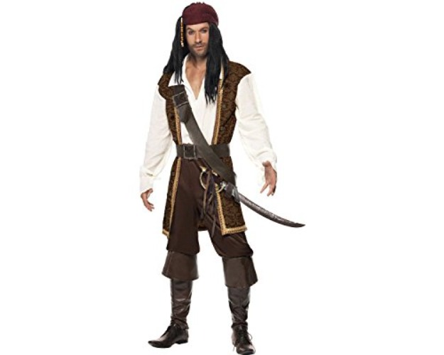 Smiffys High Seas Pirate Costume, Brown Top, Short Trousers, Baldric, Belt & Headscarf, Pirate Fancy Dress, Pirate Dress Up Costumes - L - Size 42"-44"
