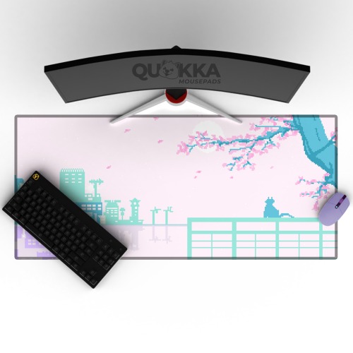 Pixel Cherry Blossom Scenery Design Mousepad Deskmat - 70x30cm / 3mm / Black Stitched