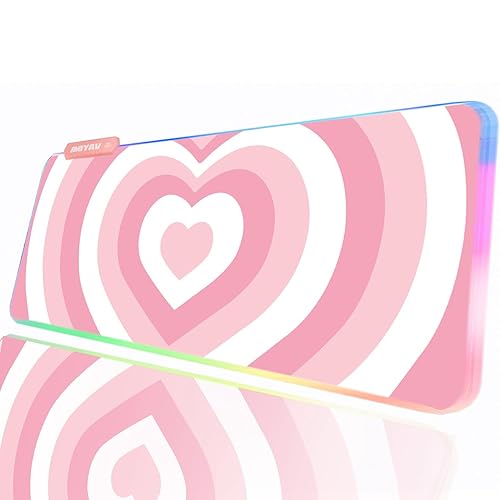 JMIYAV Pink RGB Gaming Mouse Pad 31.5x12 Inch PC XL Large Extended Glowing Led Light Up Desk Pad Non-Slip Rubber Jmiyav Base Computer Mouse Pad Cute Mousepad Mat 31.5x12 Inch Love - Pink Heart