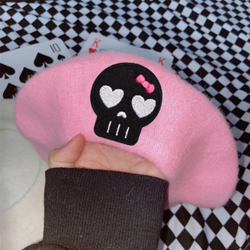 Pink Menhera Nurse Beret - Pink Black Skull