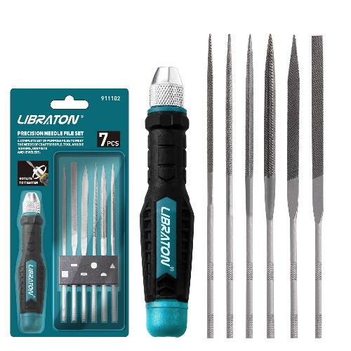 Libraton Needle File Set Interchangeable, Small Files, Mini Files, Wood Files, Metal Files Set, 6PCs Steel Files with Handle for Precision Metal File Work, Woodworking, Plastic Carving, Craft Tool - 7PCs