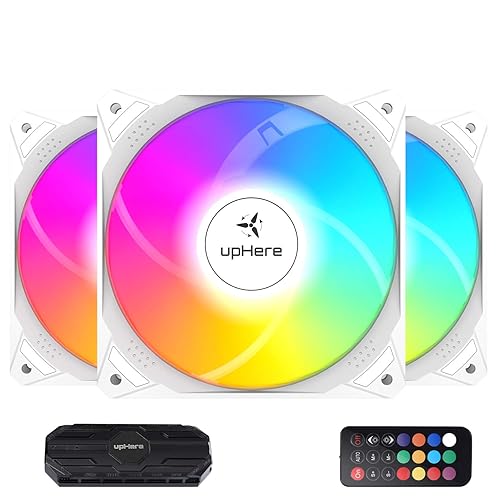 upHere 120mm White Computer Case Fan,Motherboard Sync Fan,High Airflow,Speed Adjustable, ARGB Fan with Fan Hub and Remote,Low Noise Hydraulic Bearing Long Life Up to 40,000 Hours-3 Pack,NT1206-3