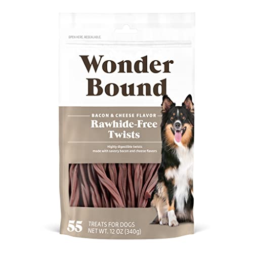 Amazon Brand - Wonder Bound Bacon & Cheese Flavor Dog Twist Sticks - 55 Count - Rawhide-Free Dog Treats, Dental Health Chews for Plaque & Tartar Control, Easy to Digest, Long-Lasting - Bacon & Cheese - 55 Count (Pack of 1)