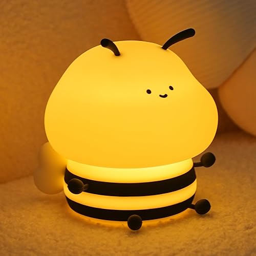 WANIDEA Cute Bee Night Light,Silicone LED Lamp Rechargeable Bedroom Touch Lamp,3 Level Dimmable RGB Rainbow lamp,Suitable for Nursery, Kids Bedroom Decor - Bee
