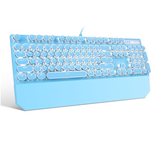 MageGee Typewriter Mechanical Gaming Keyboard, Retro Blue Punk Round Keycap LED Backlit USB Wired Keyboards for Game and Office, for Windows Laptop PC Mac - Blue Switches - Sky Blue