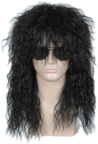 Linfairy 80s Heavy Metal Halloween Mullet Fancy Dress Wig (curly black)