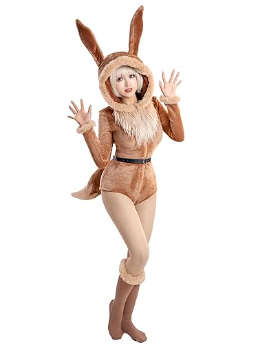 Mobbunny Women Onesie Animal Romper Fuzzy Pajamas Brown Loungewear Fluffy Hooded Homewear Christmas Halloween Cosplay - Small - Brown