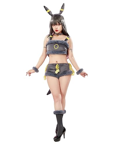 Mobbunny Anime Cosplay Pajamas Set for Women Fluffy Crop Top and Panty 2 Piece Flannel Lounge Set Cartoon Sleepwear - Small - Black