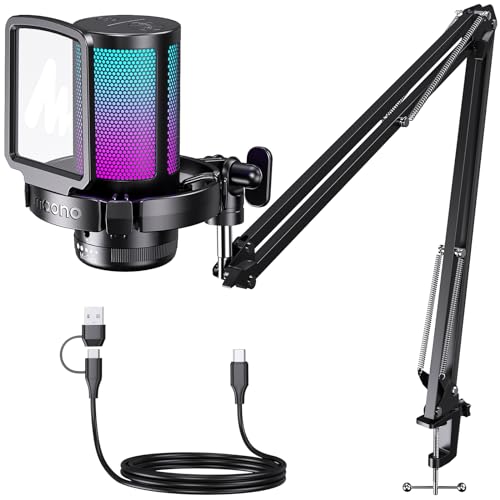 MAONO Gaming USB Microphone, Noise Cancellation Condenser mic with Mute, Gain, Monitoring, Boom Arm for Streaming, Podcast, Twitch, YouTube, Discord, PC, Computer, PS4, PS5, Mac, GamerWave DGM20S - Black