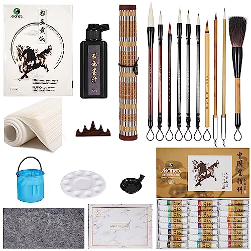 Corciosy Chinese Calligraphy Set,Calligraphy Brush Ink Paper Practice Set-Calligraphy Set,Chinese Painting Color Tubes Big Size Watercolor Set 12ml 24colors for Beginners or Kids - 43pcs