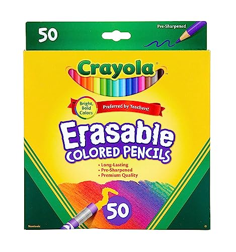 Crayola Erasable Colored Pencils (50ct), Bulk Colored Pencil Set, Pencils for Adult Coloring Books, for Teens, 6+ [Amazon Exclusive] - Erasable Colored Pencils - 50 Count (Pack of 1) - Erasable Colored Pencils