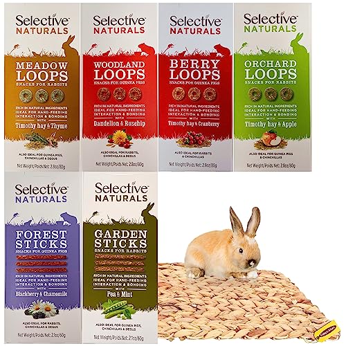 Science Selective Rabbit Food Treats includes Loops 80g x4 | Sticks 60g x2| Natural Woven Chew Bed Mat Toy