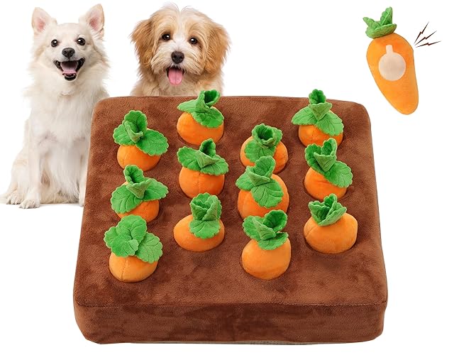 IVVIQQ Interactive Dog Toys，Squeak Carrot Snuffle Mat for Dogs Plush Puzzle Toys 2 in 1 Non-Slip Nosework Feed Games for Pet Stress Relief with 12 Carrots… - SQUEAK