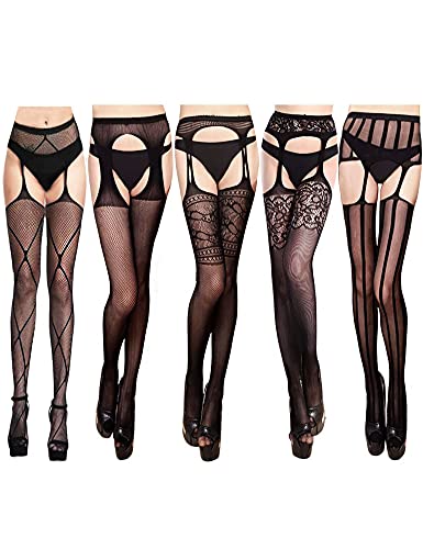 VERO MONTE Women Patterned Fishnet Tights Black Fishnets Net Stockings Pantyhose - ( Height: 5'5" - 5'11" / Weight: 100-180lbs ) - Thigh High Modern Combo, Black, 5 Pairs 5 Styles