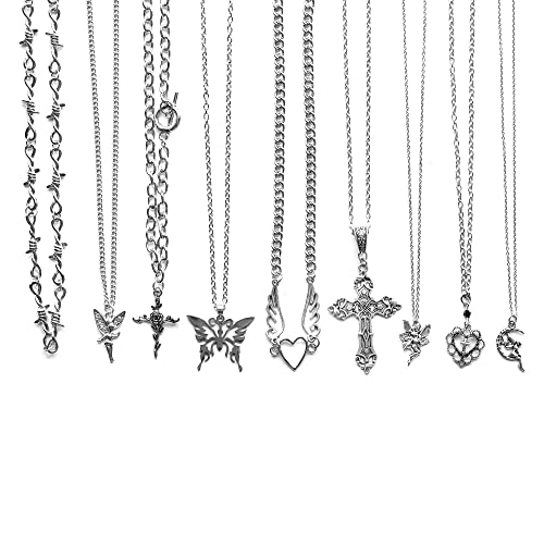 LIRUNQIN 9 Pcs Grunge Necklace Set Goth Cross Fairy Thorns Gothic Angel Heart Feather Chain Choker Necklace for Women Teen Girls - #01