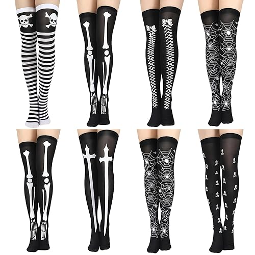 Geyoga 8 Pairs Thigh High Stockings for Women Skeleton Spooky Socks Over Knee Long Socks for Halloween Cosplay - Novel