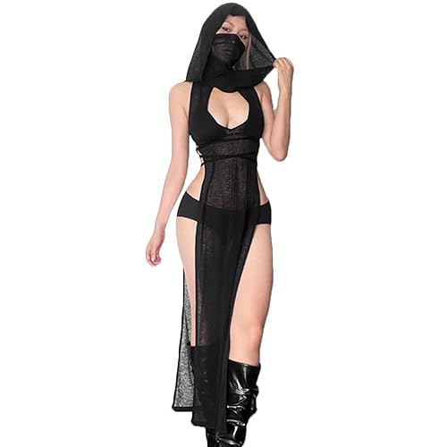 Sexy Cover Ups for Swimsuit Mock Neck Bikini Coverups High Split Dress with Hooded - Black 