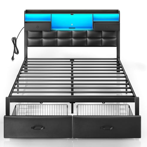 Rolanstar Bed Frame Queen Size with Drawers and Charging Station, Upholstered Platform Bed with Storage Headboard and LED Light, Heavy Duty Metal Frame Support, No Box Spring Needed, Noise Free, Black - Black - Queen