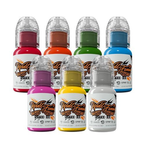 World Famous Tattoo Ink - 7 Color Simple Tattoo Kit - Professional Tattoo Ink in Color Assortment - Skin-Safe Permanent Tattooing - Vegan & Non-Toxic (0.5 oz Each)