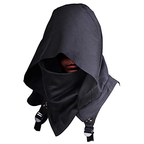 HIBIRETRO Cyberpunk Rogue Cowl Hood Scarf, Winter Neck Warmer Costume Hooded Cape Hat for Halloween Cosplay and Daily Wear - Black