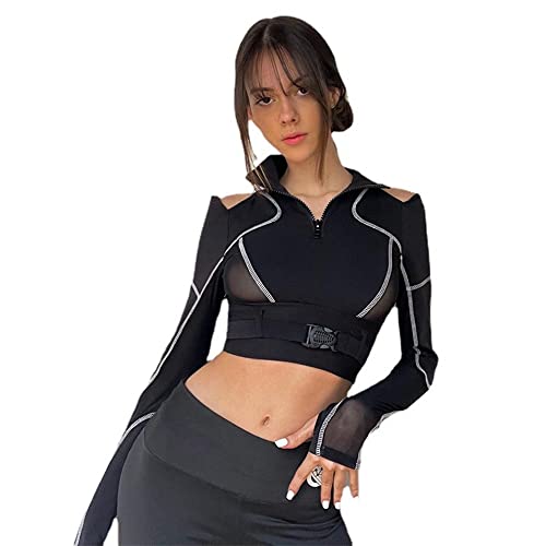Women Goth Polo Shirts Asymmetrical Y2K Crop Tops Punk Black Clothes - Black 2