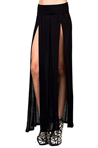 Vivicastle Women's USA Sexy High Waisted Double Slits Open Knit Long Maxi Skirt  - Black