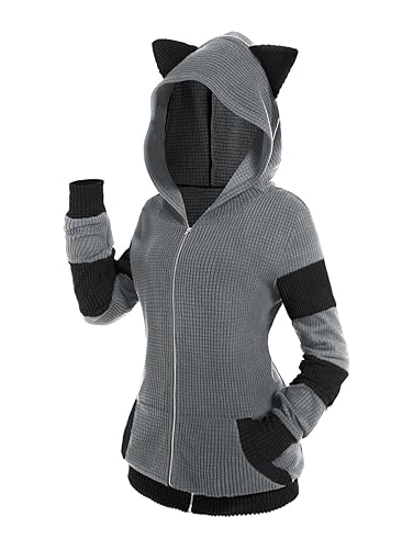 ROSE GAL Rosegal Women Plus Size Cat Ear Ribbed Colorblock Hooded Blouson Jacket Animal Ear Two Tone Cute Hoodie - Gray_1 - 1X