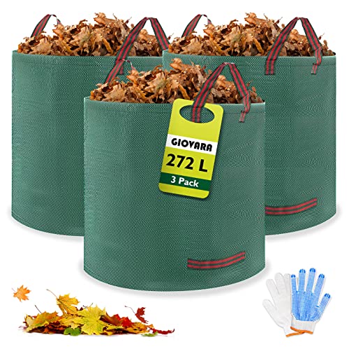 GIOVARA 3 x 272L bolsas de basura de jardín, resistentes al agua, grandes bolsas de basura con asas, plegables y reutilizables - 3