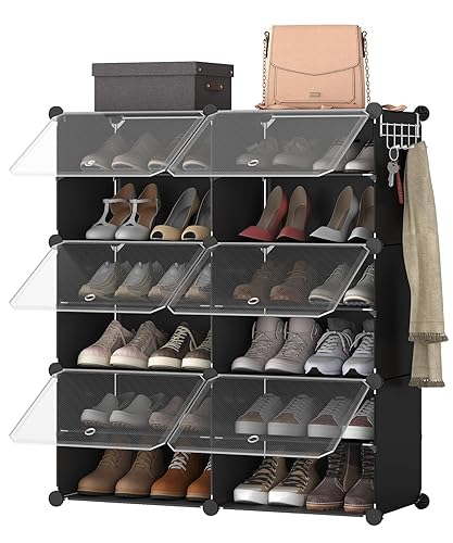 HOOBRO Mueble Zapatero, 6 Compartimentos, Modular Zapatero, Estantería de Plástico, Cajas DIY, con Puerta, con Martillo, para Salón, Dormitorio, Pasillo, Entrada, Dormitorio, Negro EBK26SC01G1 - 80 x 30 x 90 cm - Negro