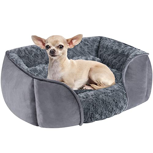 CHONGFACF Small Dog Bed, Swirl Rose Velvet Calming Dog Beds, Anti Anxiety Dog Sofa Bed, Machine Washable Aiti-Slip Pet Beds with Removable Cushion, Dark Greye - S (50 x 46 x 15 cm) - small - Gris