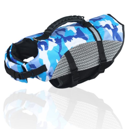 Vanansa Dog Life Jacket, Adjustable Swimming Vest Pet Safety Life Vest Camouflage Lifesaver Vest with Reflective Stripes and Rescue Handle,(XS,Blue)