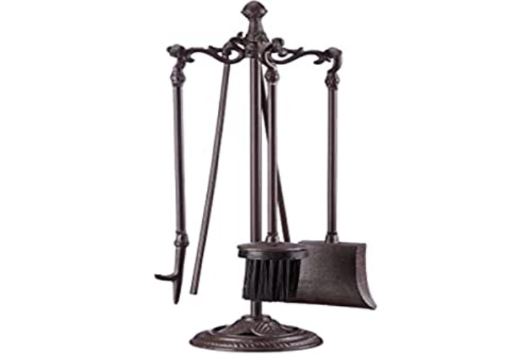 Relaxdays Cubiertos (5 Piezas, Pala, Escoba, Gancho, alicates, Soporte, Chimenea, 51 x 18 x 18 x 18 cm), Color marrón Kit, Hierro Fundido, 1 Set