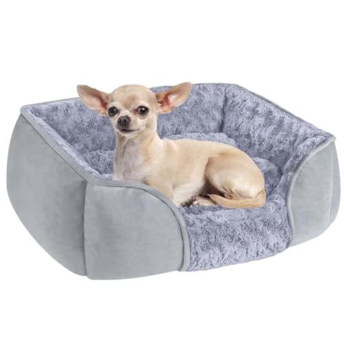 CHONGFACF Small Dog Bed, Swirl Rose Velvet Calming Dog Beds, Anti Anxiety Dog Sofa Bed, Machine Washable Aiti-Slip Pet Beds with Removable Cushion, Dark Greye - S (20 x 19 x 6 ") - Small (50x45x15 cm) - gris