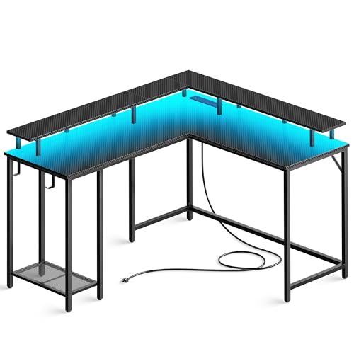 SUPERJARE L Shaped Gaming Desk with Power Outlets & LED Lights, Computer Desk with Monitor Stand & Storage Shelf, Home Office Desk Corner Desk with Hooks, Carbon Fiber Black - Carbon Fiber Black - 53 inch