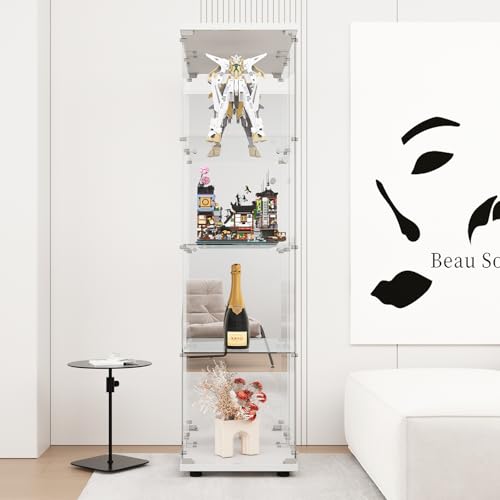 LFT HUIMEI2Y Glass Display Cabinet 4-Shelf with Door, Lock and Mirror, Curio Cabinets Upgraded Quick-Install Style, Tempered Glass Display Showcase for Bedroom, Living Room 66”x 17”x 14” White - Quick Install-white - 4 Shelf Single Door with Mirror