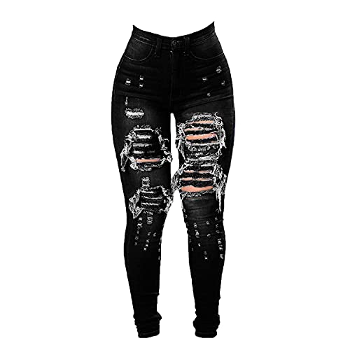 Women's High Waist Skinny Ripped Jeans Slim Destroyed Denim Stretch Trousers - XX-Large - Black