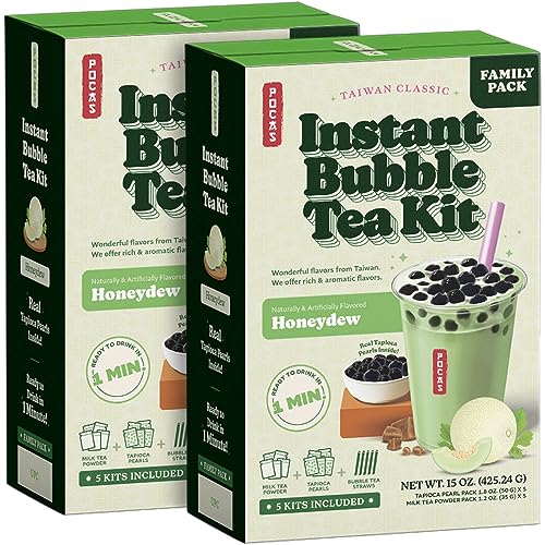 Pocas Bubble Tea Kit, Honeydew - Instant Milk Tea Powder with Authentic Tapioca Pearls for Instant Bubble Tea, 5 Kits Per Carton, 15 Oz Ea (Pack of 2) - Honeydew