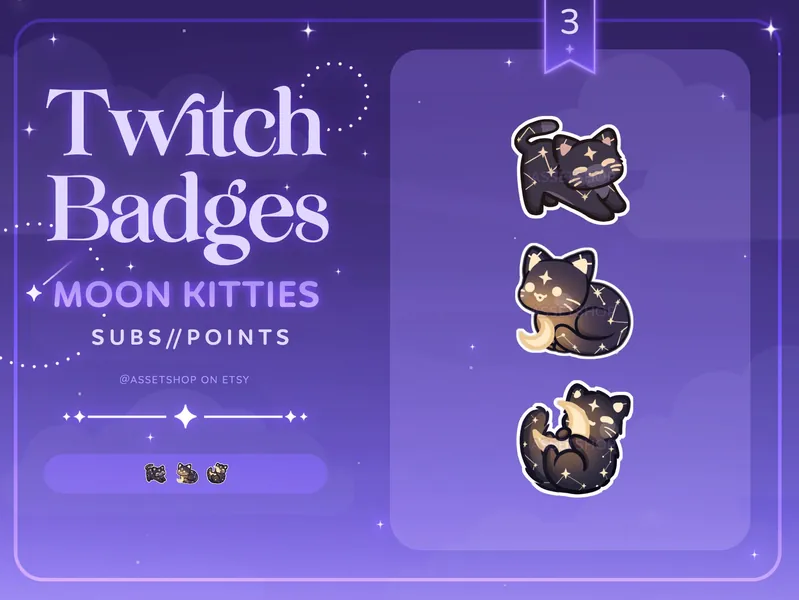 Moon Kitties Twitch Sub Badges | Celestial Loyalty Reward | Dark Cosmic Cute Cat Channel Point Redeem | Glowing Night Animal Constellation