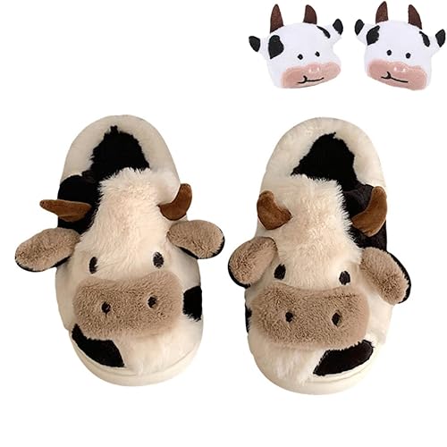 MIXILU Cartoon Cow Cotton Slippers, Cute Cozy Fuzzy Animal Slippers, Winter Indoor Outdoor Slippers for Women - 6.5-7.5 - Cow