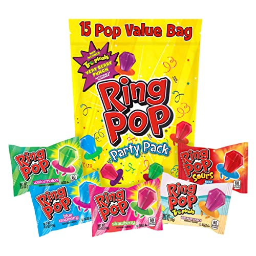 Ring Pop Individually Wrapped Lollipop Variety Party Pack –15 Count Lollipop Suckers w/ Assorted Flavors - Fun Summer Candy For Party Favors, 4th of July Snacks, Bachelorette Parties & Goodie Bags - 15 Count (Pack of 1)