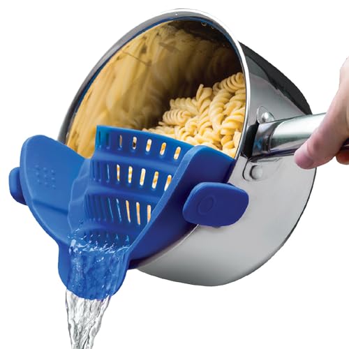 Kitchen Gizmo Snap N' Strain - Silicone Clip-On Colander, Heat Resistant Drainer for Vegetables and Pasta Noodles, Kitchen Gadgets for Bowl, Pots, and Pans - Essential Home Cooking Tools - Blue - Blue