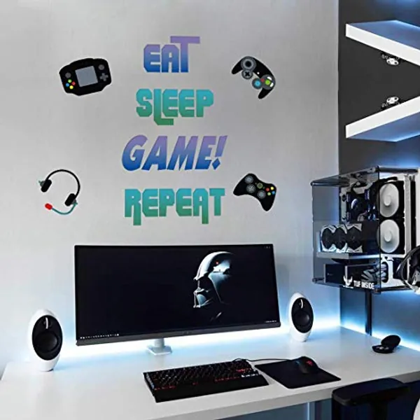 KAIRNE Gaming Quote Wall Stickers, East Sleep Game Repeat Wall Art Decal, Xbox Wall Stickers for Bedrooms for Boys, Gamer Gaming Stencils Decal Fornite Stickers for Teenage Bedroom Home Decoration