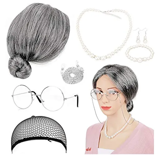 HOWAF Old Lady Costume Set, Grey Wig, Grandma Wig, Wig Cap, Granny Glasses with Chain, Artificial Pearl Necklace Earrings Bracelet Old Lady Fancy Dress Accessories, 7 Pieces