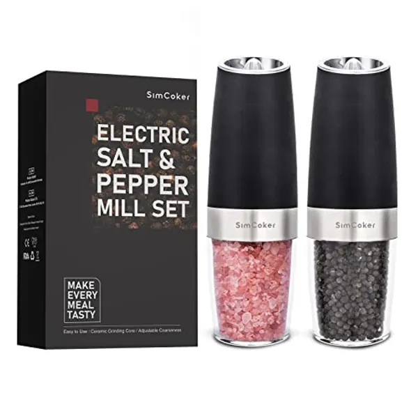 SimCoker Electric Salt and Pepper Grinder Set, Battery Operated Mill Gravity Automatic Operation One Hand, Adjustable Coarseness Powered Mills LED Light, Kitchen Stainless Steel Black Grinders, 2 Pack