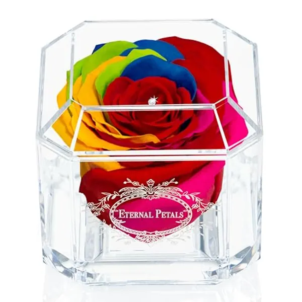 A 100% Real Rose That Lasts Years - Eternal Petals, Handmade in UK – White Gold Solo with A Clear Swarovski Crystal (Rainbow)