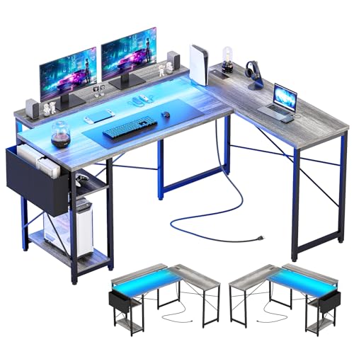 Jojoka L Shaped Computer Gaming Desk with Power Outlet & LED Light, 54 Inch Reversible Modern Office Computer Desk, Corner Desk with USB Charging Port & Storage Bag (Gray Oak) - Gray Oak