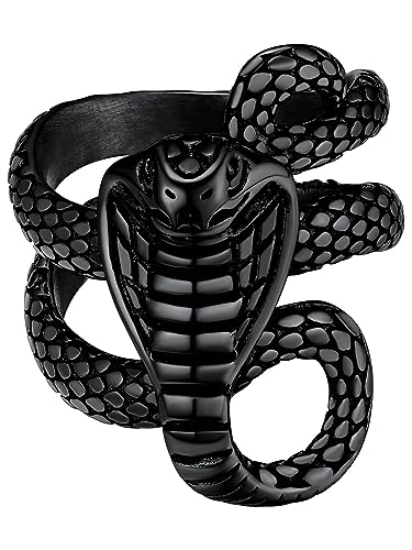 Stainless Steel/18K Gold Plated/Black Snake Ring for Men Women Size 7-12 Serpent Reptile Rings Punk Gothic Jewelry(with Gift Box) - 09-Black Plated-Cobra - 14