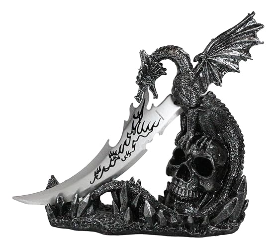 Ebros Gift Dreamwork Fantasy Leviathan Dragon On Graveyard Dracula Skull Wielding Dagger Blade Blunt Knife with Fire Motif As Letter Opener Or Decorative Dagger with Holder Display Set