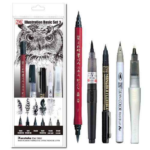 Kuretake ZIG Inktober Special Set, ILLUSTRATION BASIC SET 3 for Manga Drawing, Lettering and Calligraphy, Professional Artist Quality, Made in Japan - [2022] 5 Brush pens set