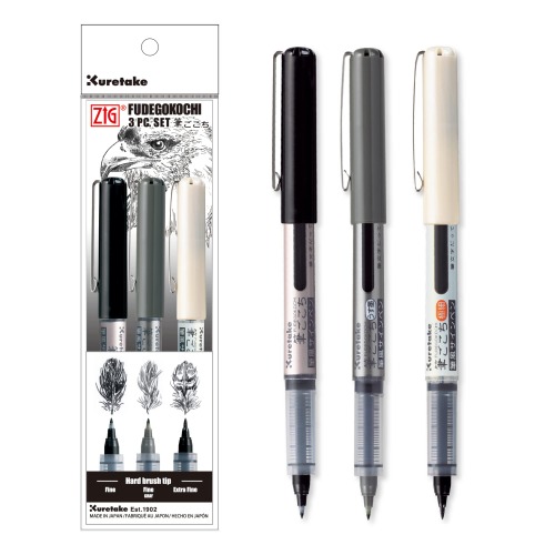 Kuretake ZIG FUDEGOKOCHI 3 Brush pens set, Ideal for Inktober, No mess, for beginners, Hand lettering, calligraphy, illustration, sketching, outlining, drawing, cartoon, signature, Made in Japan - 3 pcs set